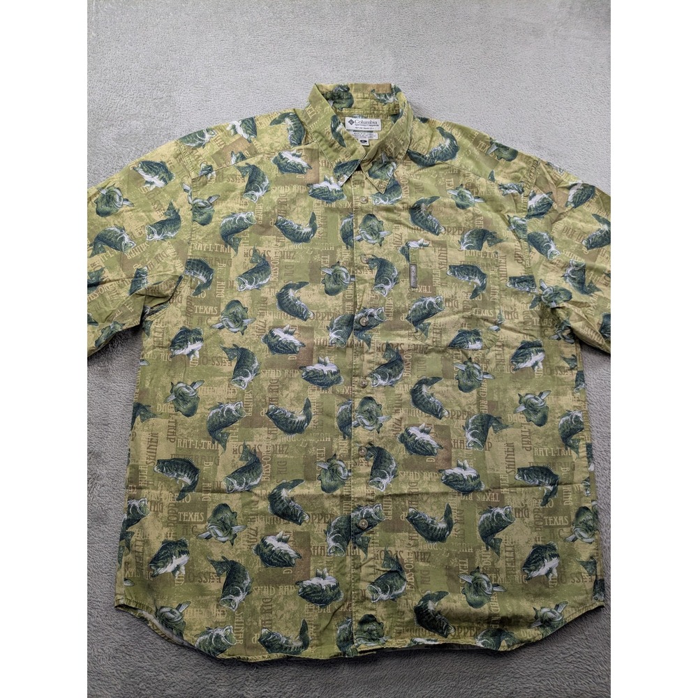 Columbia Mens XL Bass Fishing Graphic Print Short Sleeve Button Down Shirt Green - Picture 2 of 10